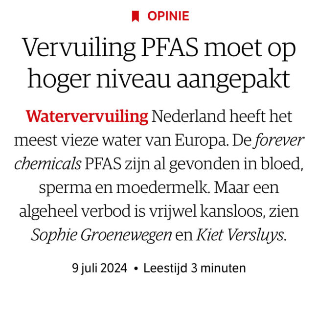 Vervuiling PFAS moet op hoger niveau aangepakt
